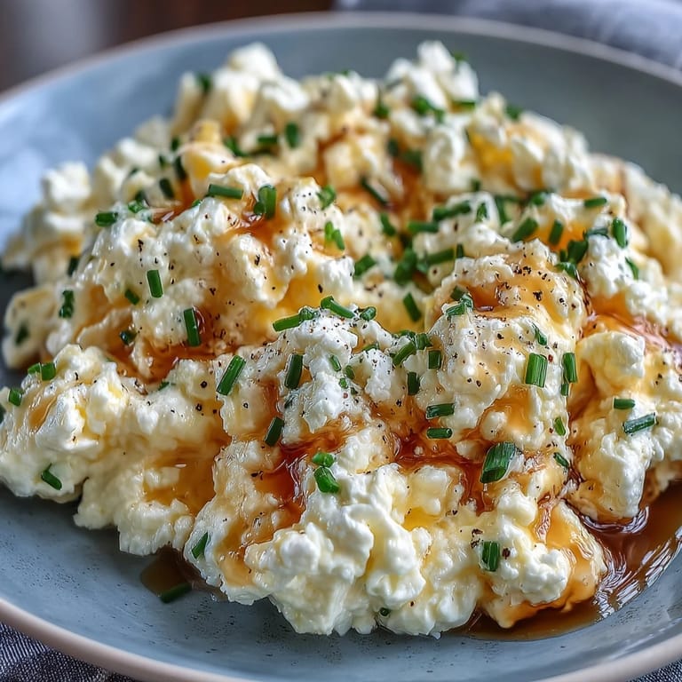Portion copieuse d'œufs brouillés protéinés au cottage cheese, prête à être dégustée tiède.