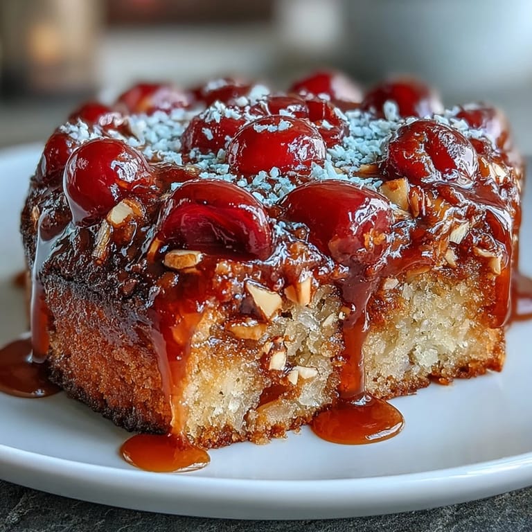 Un magnifique gâteau renversé cerises amandes, parfait pour le dessert ou le thé.