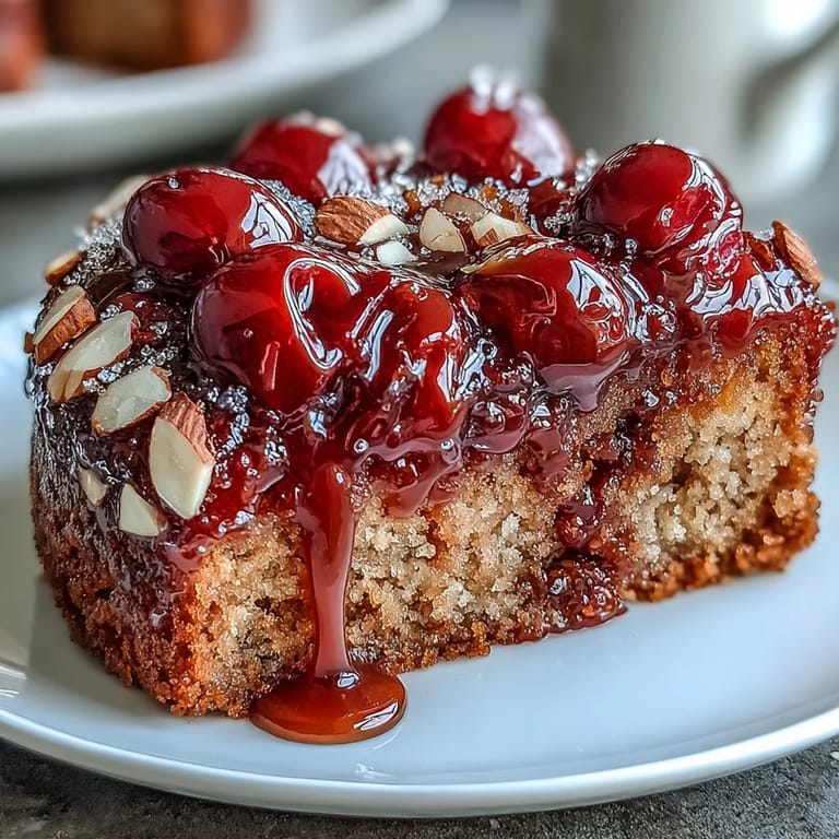 Gâteau renversé cerises amandes avec garniture caramel dorée, prêt à servir.