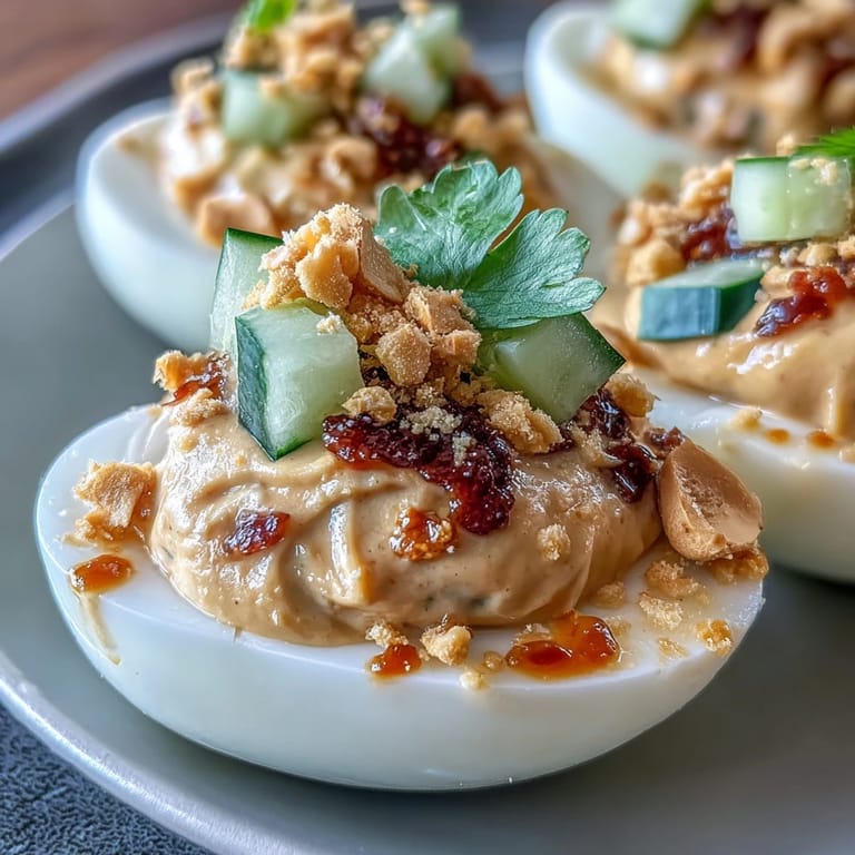 Spicy, savory Thai Peanut Deviled Eggs, a party favorite dish.