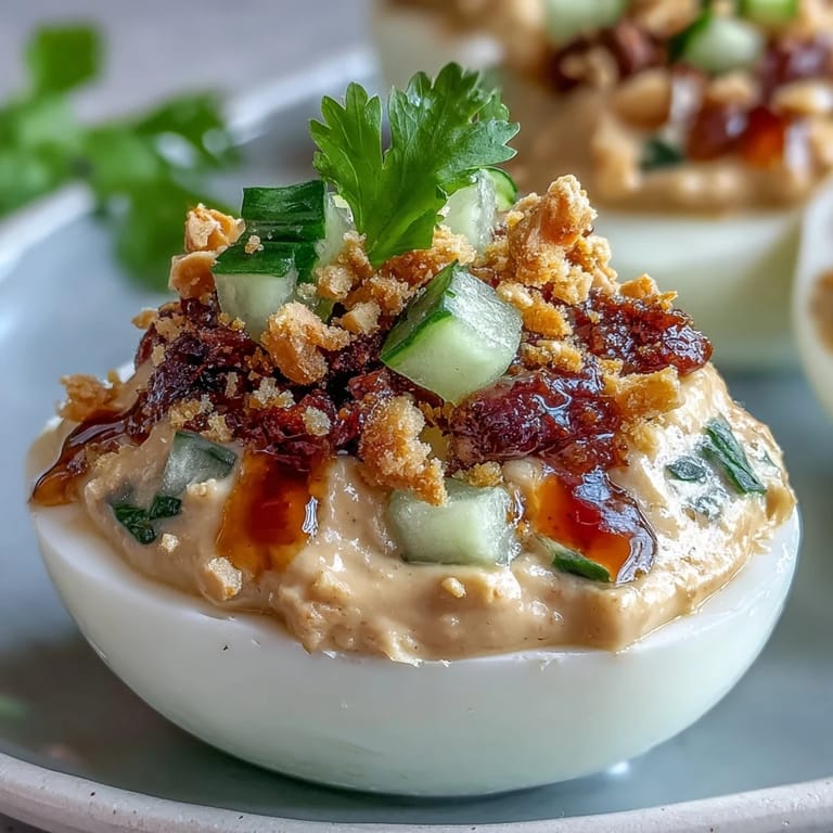 Flavorful Thai Peanut Deviled Eggs appetizer, beautiful on a platter.