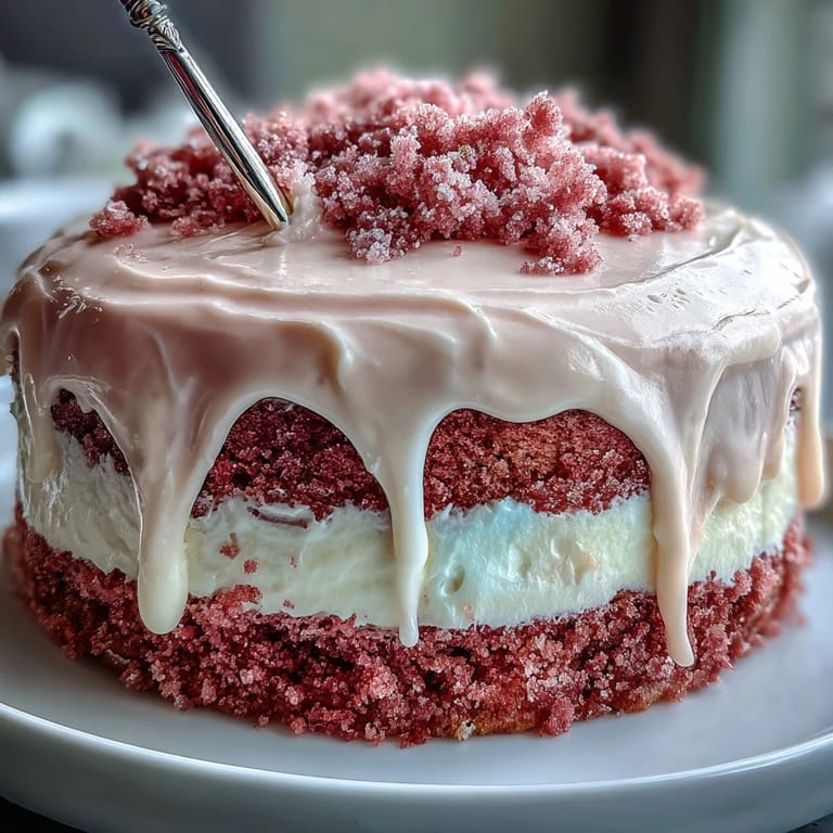 Gâteau de velours rosé élégant avec glaçage au fromage à la crème, fini par une coulée d'or brillante et des décorations florales comestibles pour célébrer l'amour.