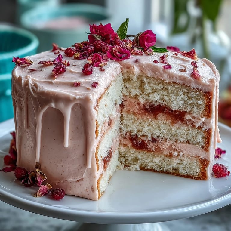 Gâteau velours rosé au drapé doré, décoré de fleurs fraîches et de touches dorées festives.