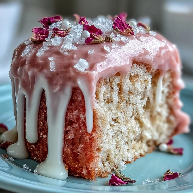 Gâteau Velours Rosé avec Drizzle Doré : Gâteau moelleux à la saveur de rosé, décoré de crème au fromage et de drizzle doré brillant pour un effet festif.  
