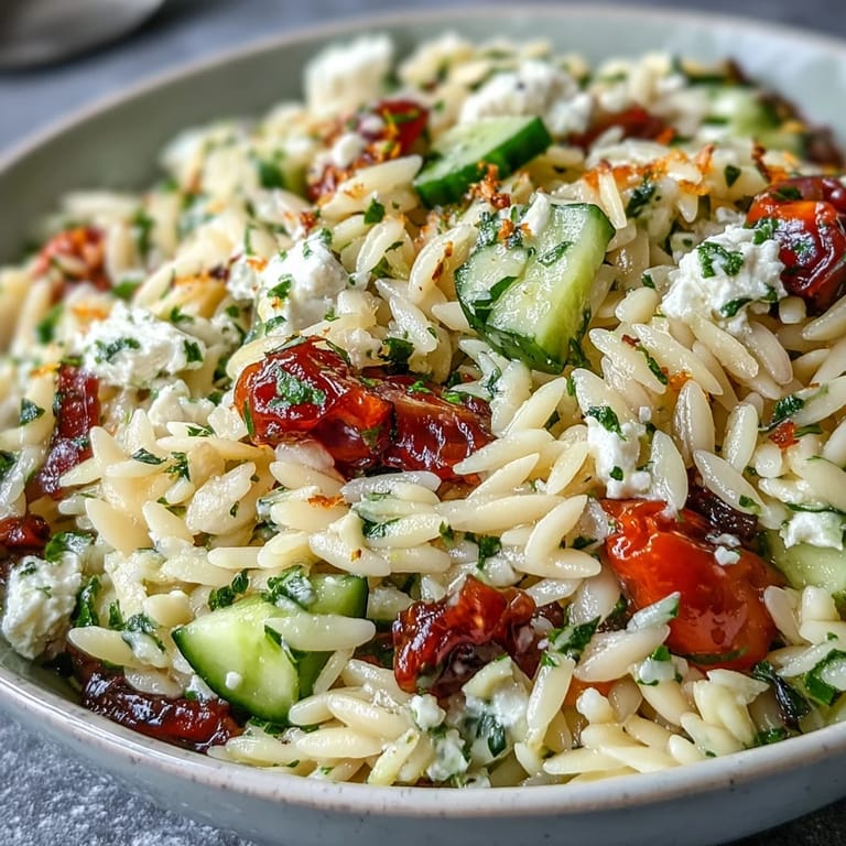 Orzo mediteranéen coloré avec tomate, feta crémeuse et vinaigrette au citron.