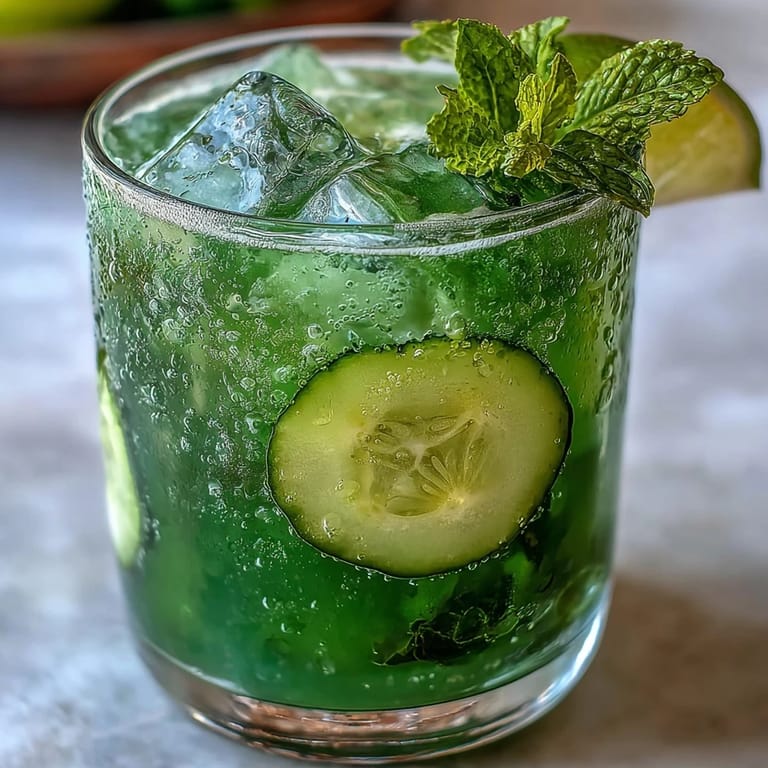 Eau fraîche verte concombre menthe légère servie sur glace avec garniture fraîche pour une hydratation quotidienne.