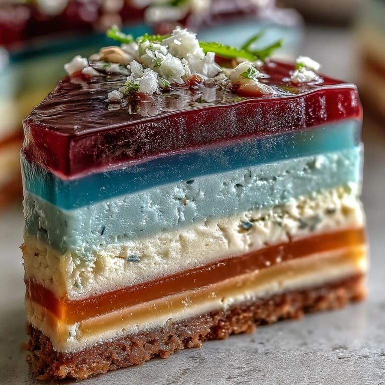 Gâteau agar-agar arc-en-ciel : couches vibrantes de gelée et de crème de coco veloutée.