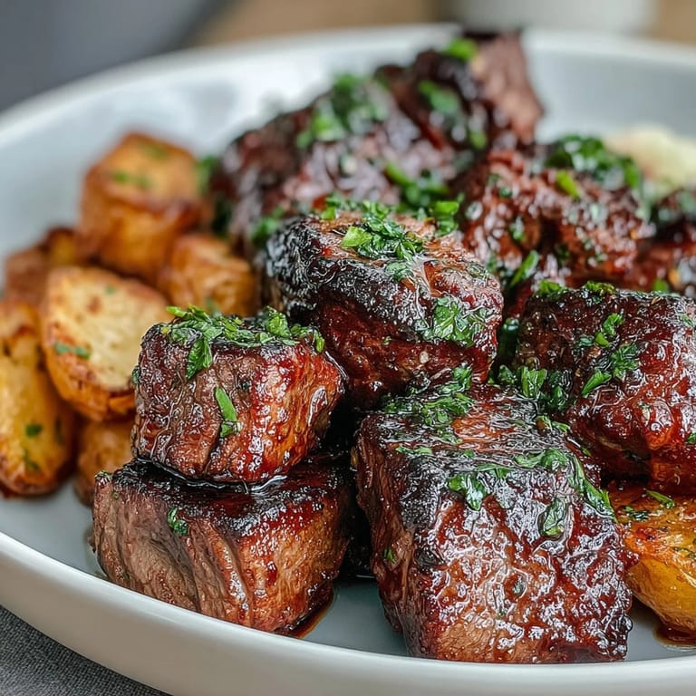 Des bouchées de steak juteuses à l'ail et au beurre, servies sur des pommes de terre rôties.