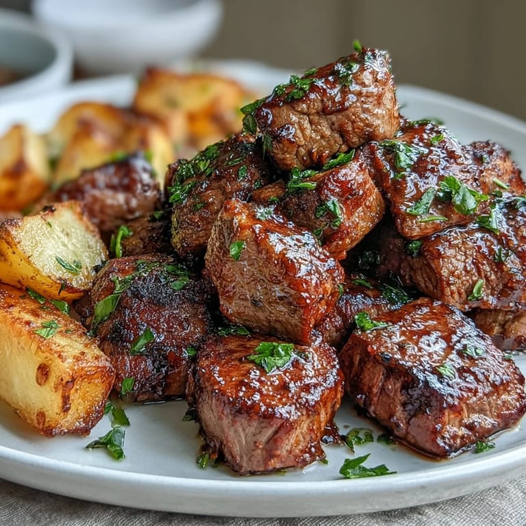 Plat principal facile : bouchées de steak marinées à l'ail et au beurre, accompagnées de pommes de terre.