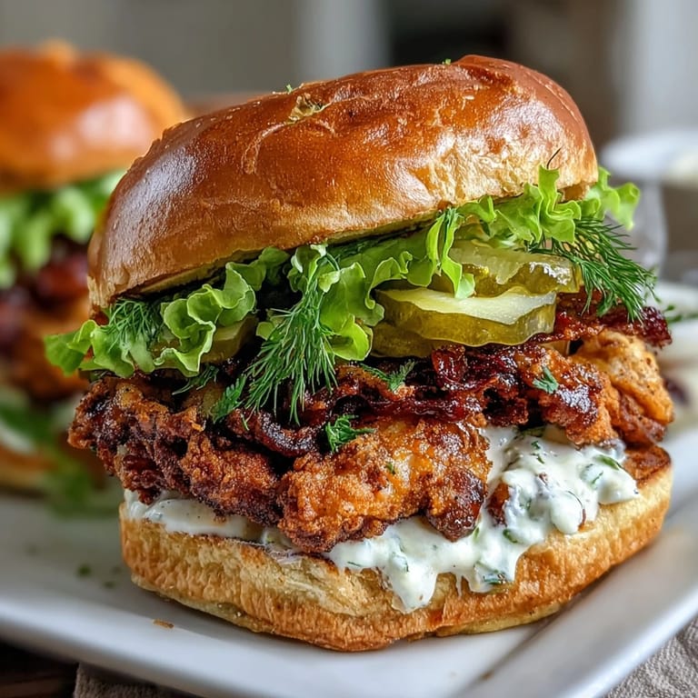 Goûtez ces sandwichs de poulet écrasé juteux, imprégnés de saumure de cornichons et garnis de saveurs vives.