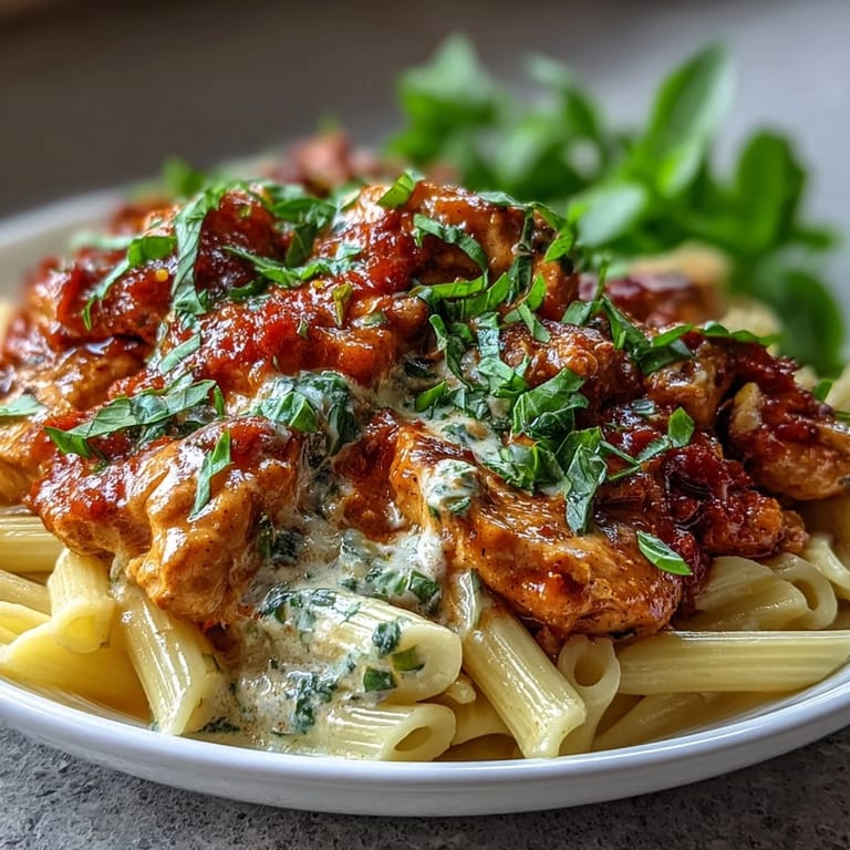 Plat de pâtes au poulet, sauce tomate-basilic crémeuse et gourmande.