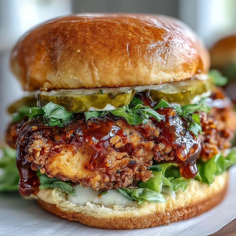 Un sandwich au poulet chaud et croustillant au miel avec cornichons croquants sur pain brioché.