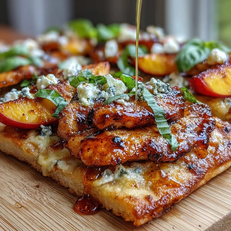 Délicieux flatbread au poulet et miel épicé, pêches sucrées, fromage doré, plat d'été.