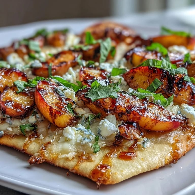 Photo d'un flatbread poulet miel épicé, garni de pêches juteuses, prêt à déguster.