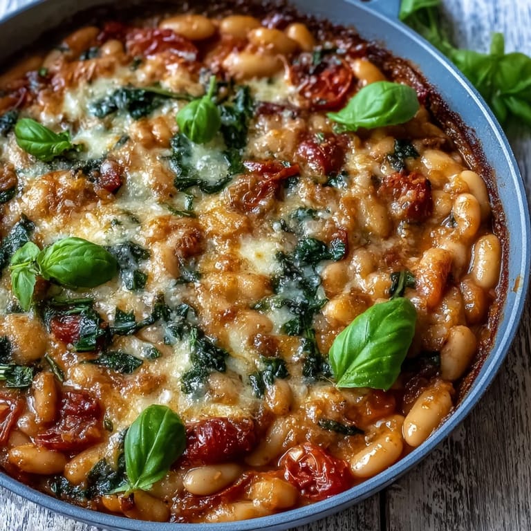 Savoureux skillet de haricots blancs à la tomate et au parmesan, parfait pour un dîner rapide.