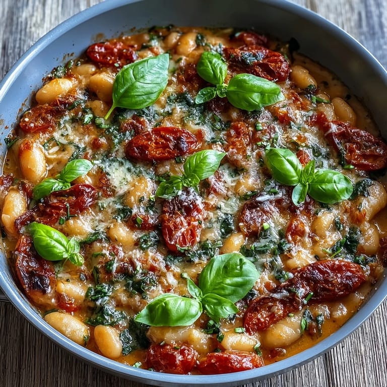 Généreux skillet de haricots blancs à la tomate, crème et parmesan, servi chaud dans une poêle.