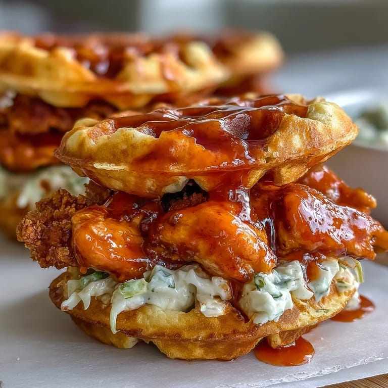 Délicieux poulet Buffalo croustillant sur mini gaufres, garni de salade crémeuse.