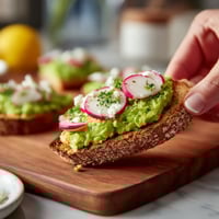 Une main tient une tranche de pain grillé avec des pâtes et des radis.