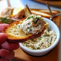 Une main tient une tranche de pain grillé avec une sauce au poulet.