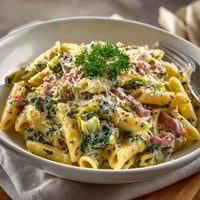 A plate of pasta with meat and vegetables.