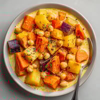 A bowl of food with carrots, beans, and other vegetables.