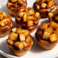 Muffins de tarte Tatin aux pommes, moelleux avec des pommes caramélisées dorées.
