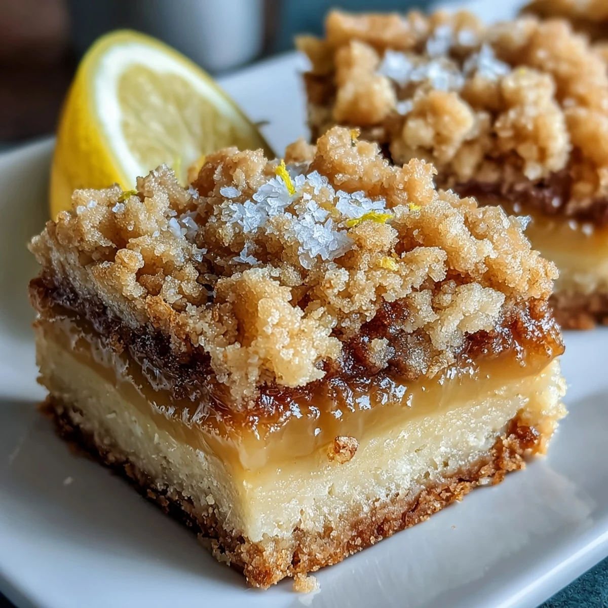 Three golden Homemade Lemon Crumb Bars sit on a white plate, their buttery crumb topping toasted and the bright yellow lemon filling visible in a cross-section.