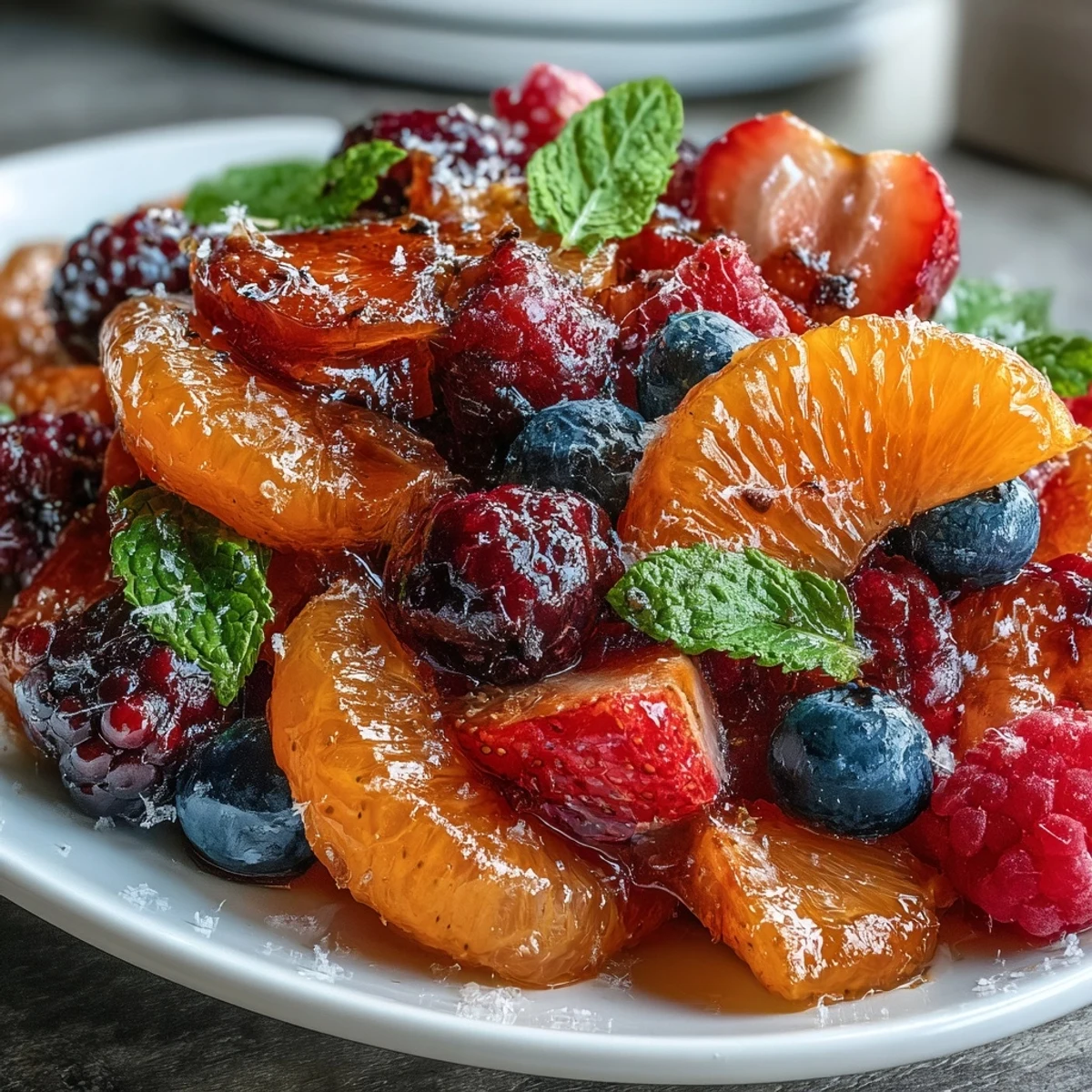 Un bol coloré de salade de fruits printanière aux agrumes et aux baies, parsemé de feuilles de menthe fraîche.  