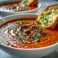 Velouté crémeux de poivrons rouges rôtis et de haricots blancs servi dans un bol avec une garniture de persil frais et un filet d'huile d'olive.