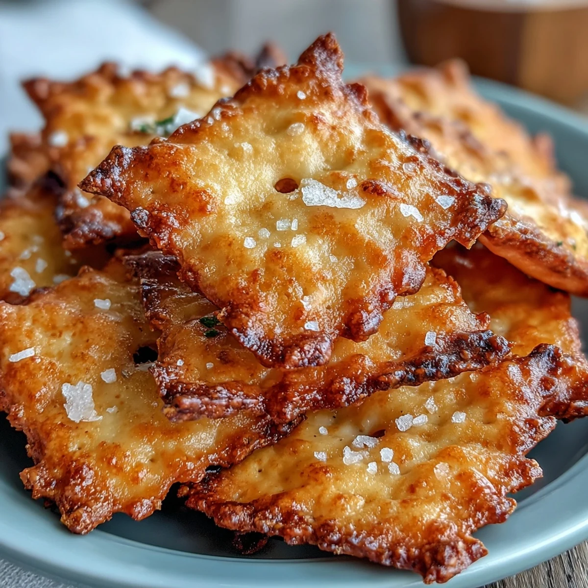 Crackers de pain au levain à l'ail et parmesan, dorés et croustillants, avec un arôme riche et fromagé.  
