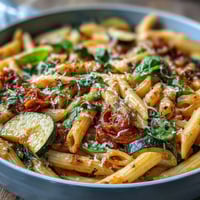 Un bol de pâtes savoureuses et colorées, cuites dans une seule casserole avec des légumes frais et du fromage Parmesan.