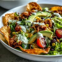 Bol de salade taco sain et facile avec sauce ranch au yaourt grec, garni de dinde hachée, de légumes croquants et d'avocat, servi dans un bol tortilla croustillant.