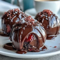 1. Rich chocolate truffles filled with fresh strawberry purée, coated in dark chocolate and dusted with edible gold for a luxurious Dubai-inspired dessert.  