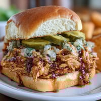 Sandwichs au poulet Mississippi au Crockpot avec cornichons, tendre poulet épicé, ranch et poivrons piquants, servi sur petits pains moelleux avec cornichons croquants.  