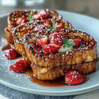 Gâteau de pain doré aux fraises cuit au four avec des fraises fraîches et une croûte dorée, parfait pour un brunch printanier.