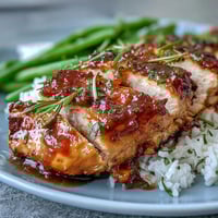 Juteuses poitrines de poulet nappées d'une sauce miel-moutarde brillante, accompagnées de haricots verts croquants, dans une poêle dorée.