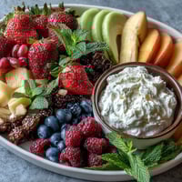 Table de fruits arc-en-ciel avec crème fouettée à la noix de coco, un dessert frais et coloré.  