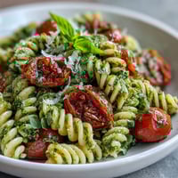 Salade de pâtes estivale au pesto et tomates cerises, fraîche et colorée, parfaite pour les pique-niques et déjeuners légers.  