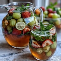 Jolie sangria printanière sans alcool aux raisins blancs et agrumes, servie dans un grand pichet avec des fruits frais et de la menthe.