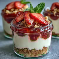 Pot de cheesecake aux fraises sans cuisson, couches crémeuses et compotée fruitée dans des bocaux individuels.