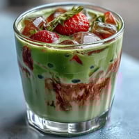 Strawberry Matcha Latte with Oat Milk in a tall glass, vibrant pink strawberry puree layered beneath creamy green matcha, topped with ice cubes and oat milk.