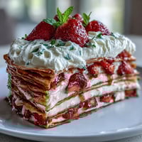 Gâteau de crêpes aux fraises : couches délicates de crêpes dorées, fraises fraîches et crème onctueuse vanille.