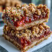 Délicieuses barres de crumble aux fraises et rhubarbe, dorées et pétillantes.