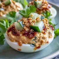Thai Peanut Deviled Eggs, creamy, zesty, topped with crunchy relish.
