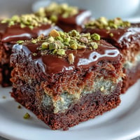 Brownies pistache kunafa dorés, leur croûte croustillante et leur cœur chocolaté.