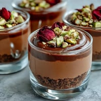 Dubai Chocolate Cheesecake Cups aux riches pistaches et pétales de rose.