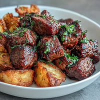 Délicieux bouchées de steak à l'ail et au beurre, tendres et dorées avec des pommes de terre craquantes.