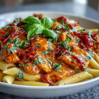 Poulet crémeux aux tomates et basilic, plat de pâtes réconfortant.