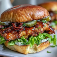 Sandwich au poulet croustillant au miel épicé, dégoulinant de sauce sucrée et piquante.