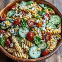 Salade de pâtes d'été aux tomates et maïs, colorée et fraîchement assemblée.